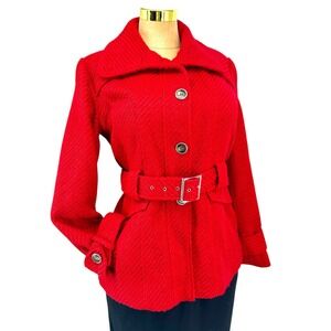 Red Wool Blend Belted Coat Sz L Chunky Herringbone Weave Pockets Lined Apt 9